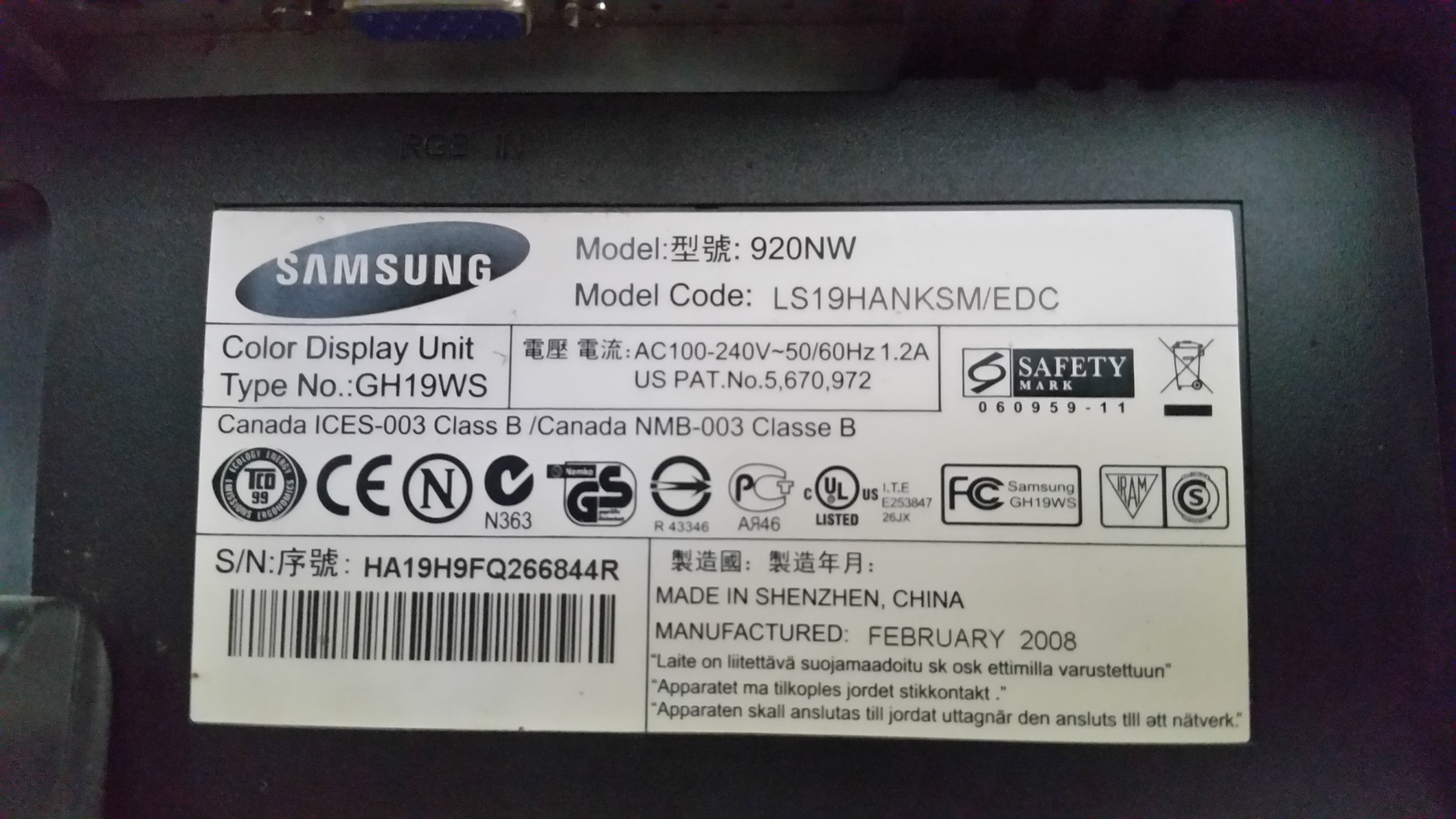  Samsung 920NW, LS19HANKSMEDC,  